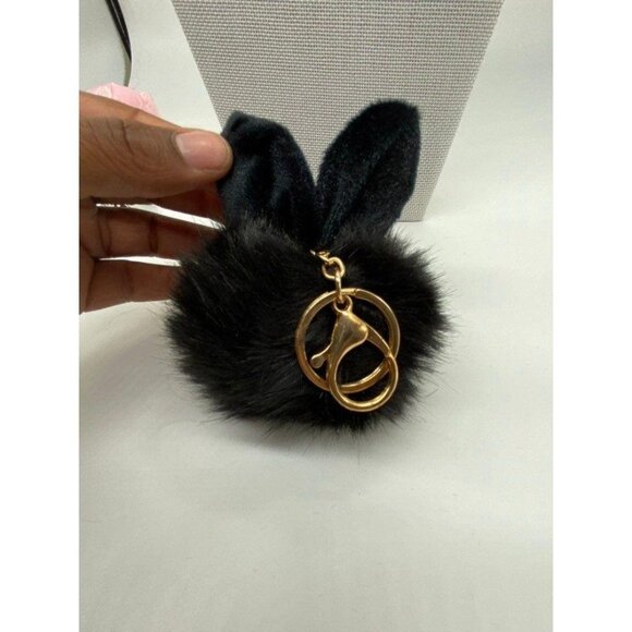 Black Bunny Ears Fur Ball Keychain Charm With Plush Key Holder - Picture 6 of 6